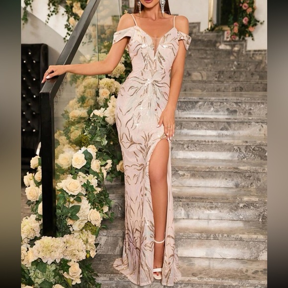 Luxe cold shoulder slit thigh party formal dress - Picture 5 of 8